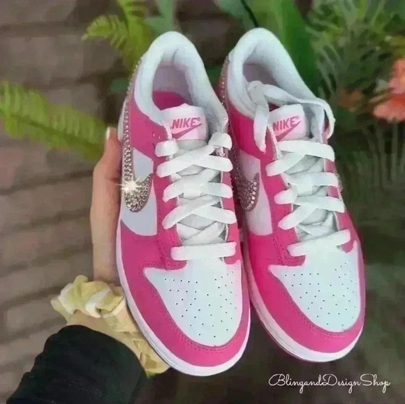 Swarovski Nike Dunk Low Pink Girls Kids Sneakers Shoes made with Clear Crystals - Picture 3 of 6